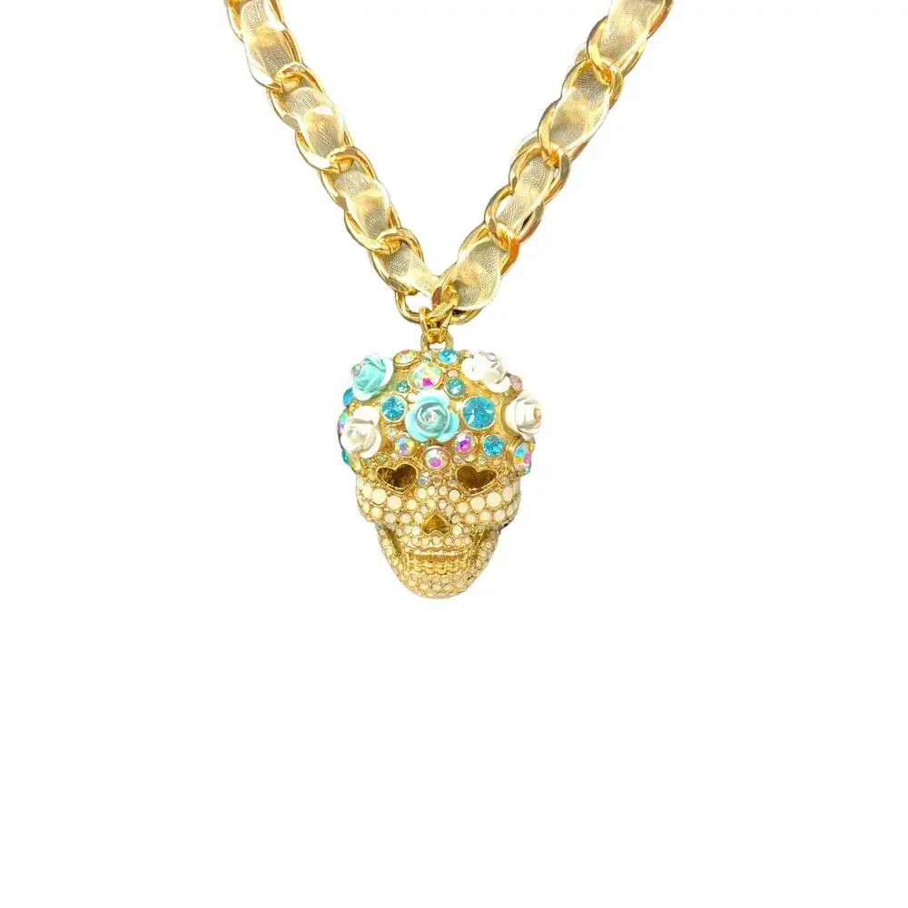 Betsey Johnson Sugar Skull Crystal Pendant Necklace w/ White Ribbon Chain  NEW